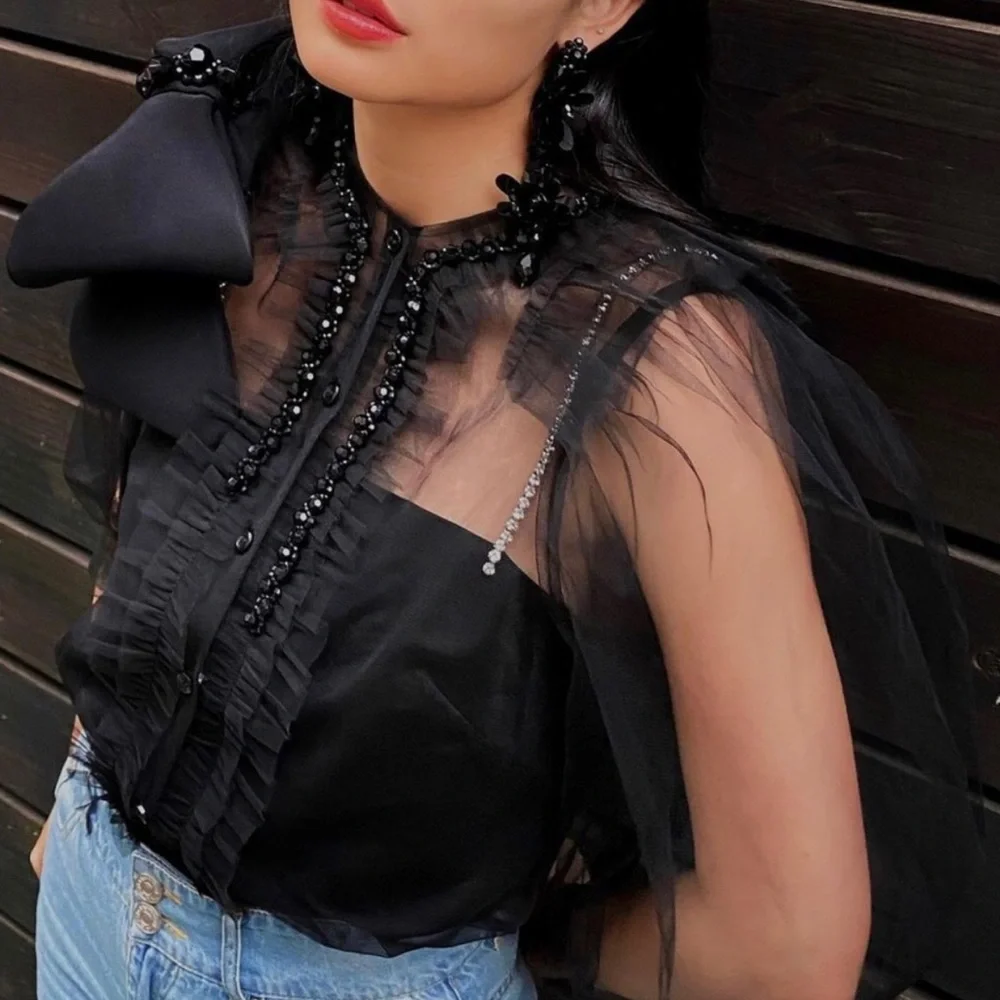 Simone Rocha x H&M Puff Sleeved Black Tulle Blouse - Picture 3 of 16